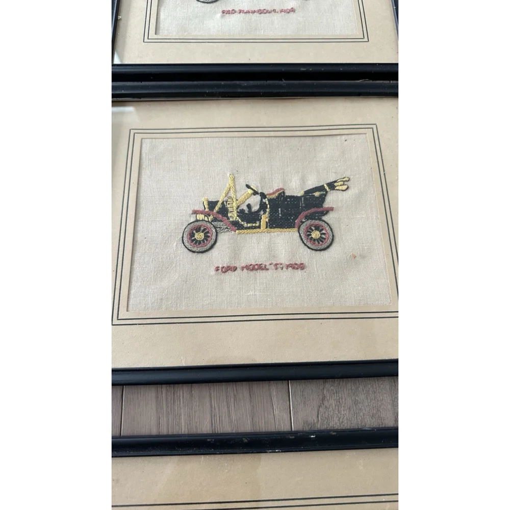 6 VINTAGE COMPLETED EMBROIDERY Antique Cars Framed Old Frames